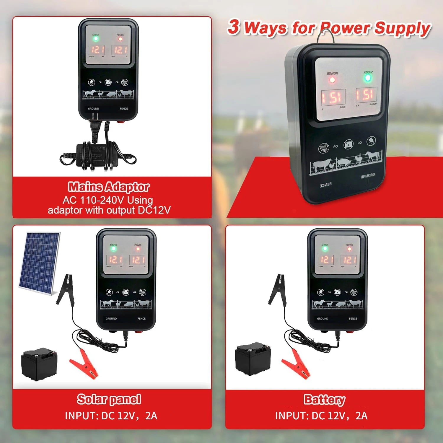 10KM Electric Fence Energizer 1.5 Joule With LCD Display 12V High Voltage Controller Device for Farm Livestock Cows Cattle Horse