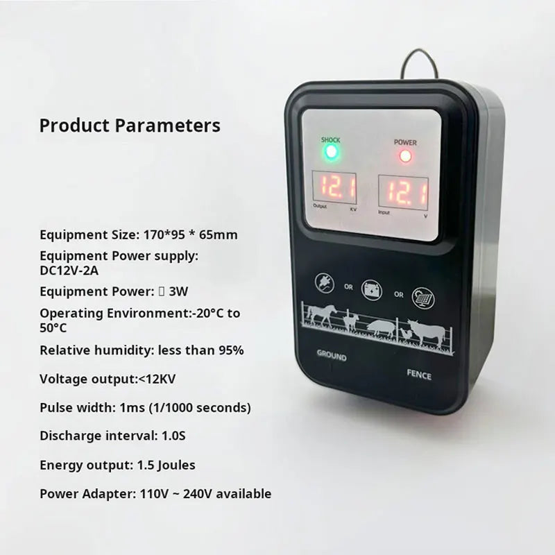 10KM Electric Fence Energizer 1.5 Joule With LCD Display 12V High Voltage Controller Device for Farm Livestock Cows Cattle Horse