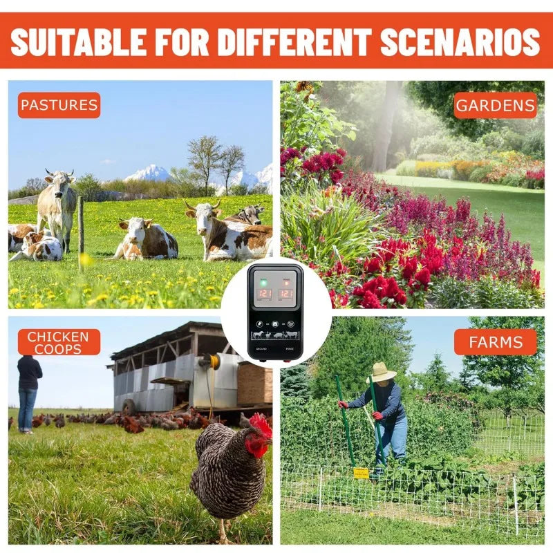 10KM Electric Fence Energizer 1.5 Joule With LCD Display 12V High Voltage Controller Device for Farm Livestock Cows Cattle Horse