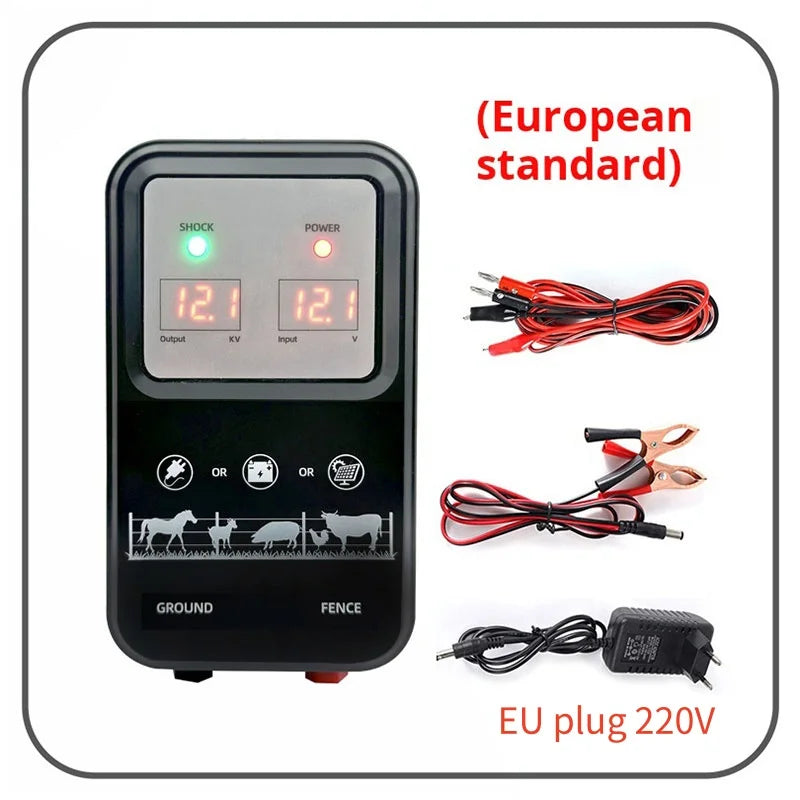 10KM Electric Fence Energizer 1.5 Joule With LCD Display 12V High Voltage Controller Device for Farm Livestock Cows Cattle Horse