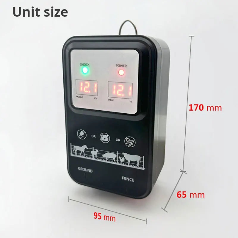 10KM Electric Fence Energizer 1.5 Joule With LCD Display 12V High Voltage Controller Device for Farm Livestock Cows Cattle Horse