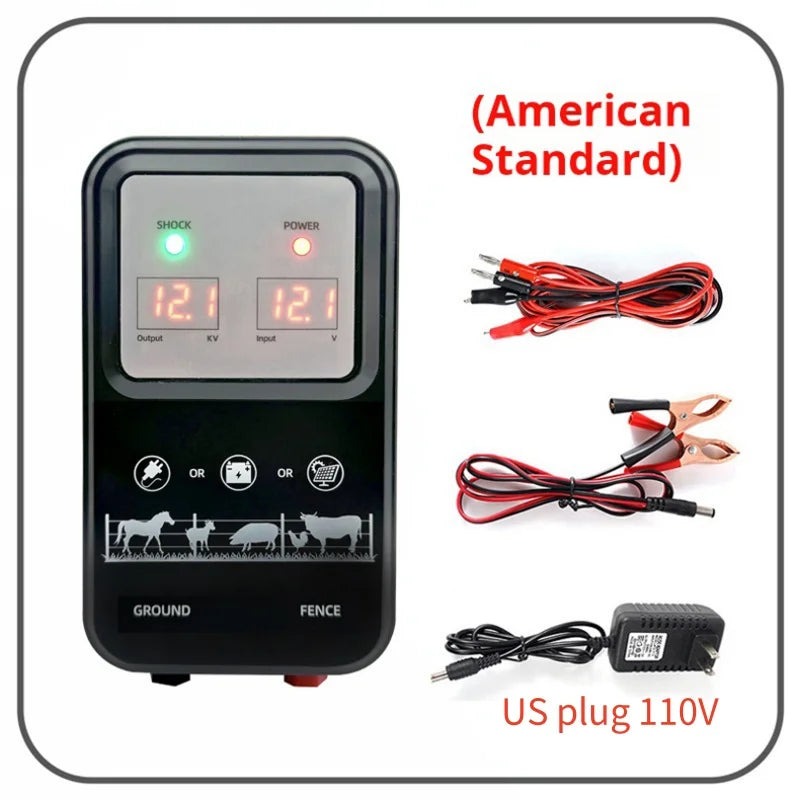 10KM Electric Fence Energizer 1.5 Joule With LCD Display 12V High Voltage Controller Device for Farm Livestock Cows Cattle Horse